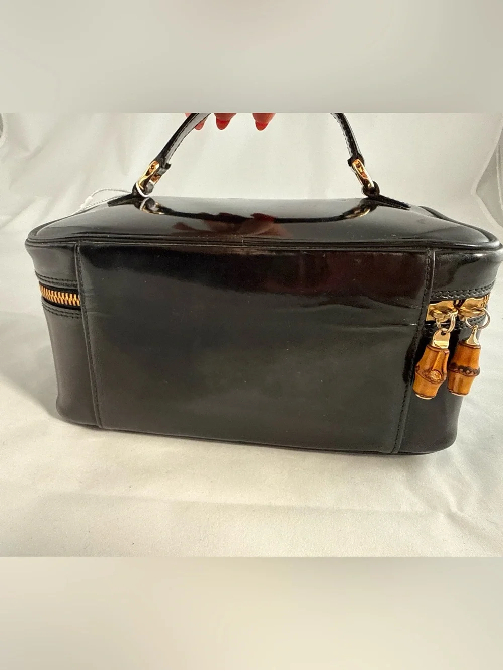 Gucci Vintage Black Patent Leather Bamboo Cosmetic Case